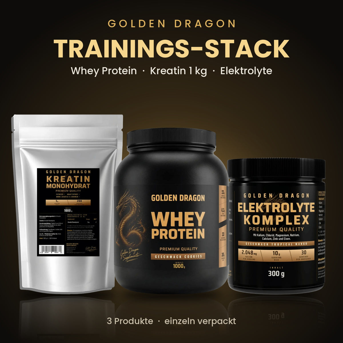 Golden Dragon Trainings-Stack – Whey, Kreatin 1 kg & Elektrolyte