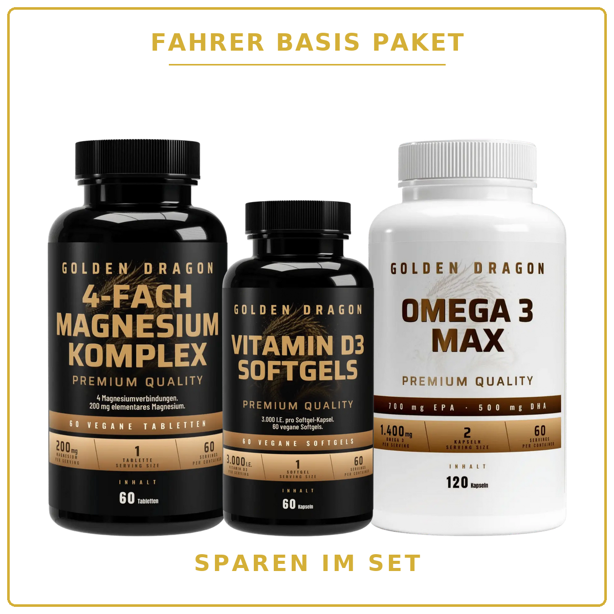 Golden Dragon Fahrer Basis Paket – Magnesium, Vitamin D3 & Omega 3