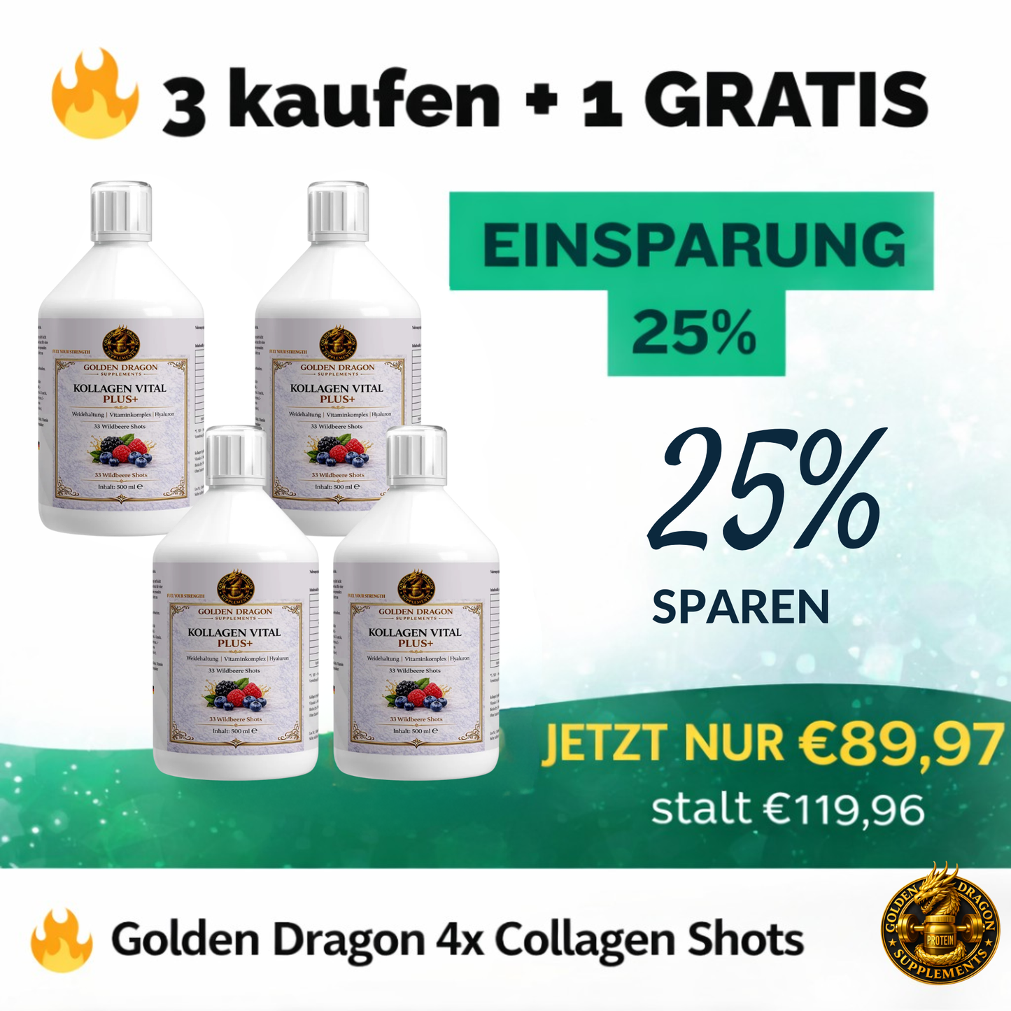 Golden Dragon Collagen Shots 4er Bundle (3+1 Gratis)