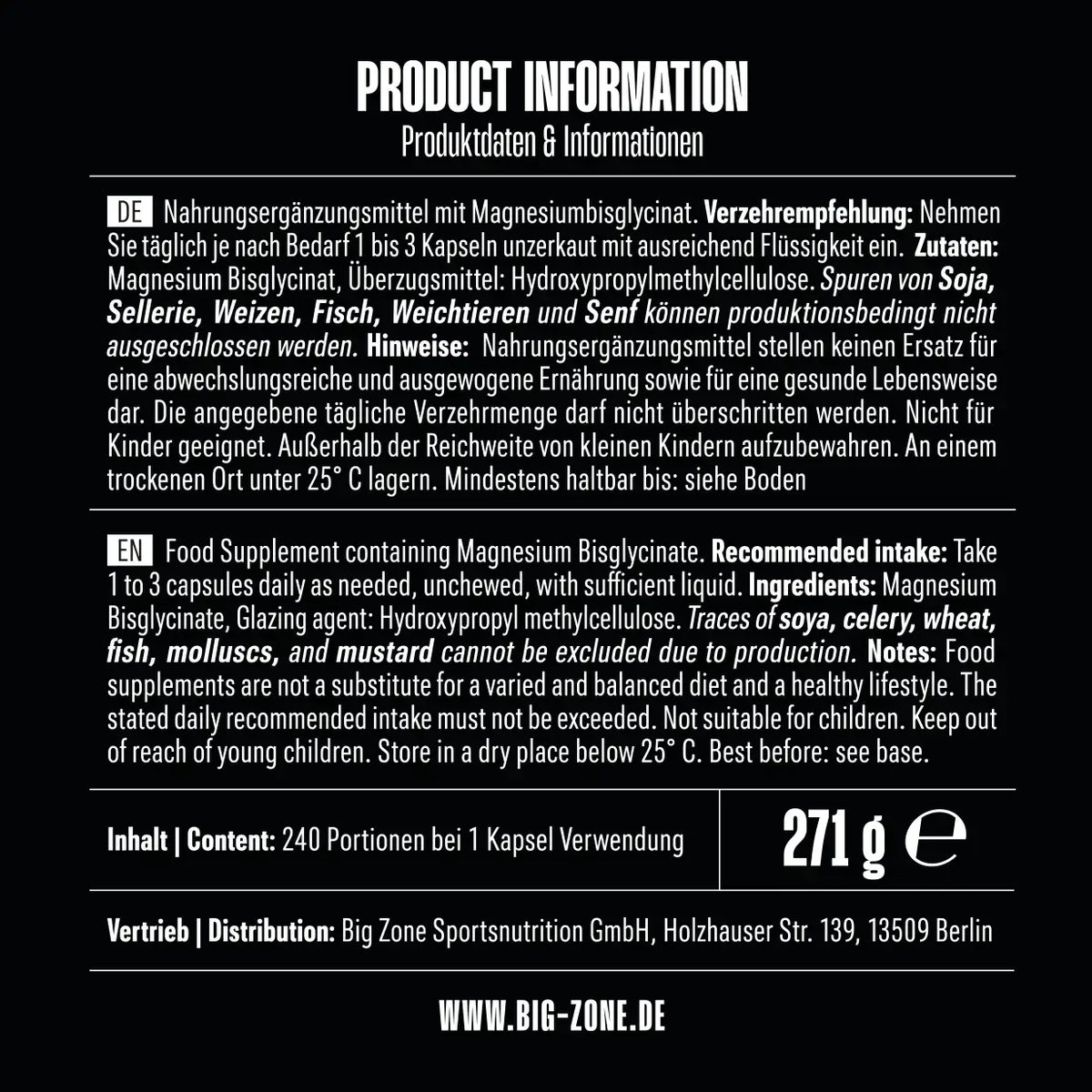 Big Zone Magnesium Bisglycinat 240 Kapseln